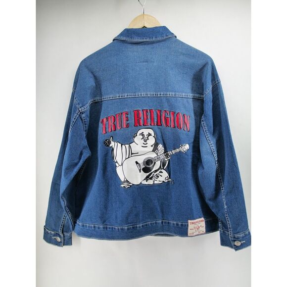 TRUE RELIGION WOMEN'S PRINTED OVERSIZED DENIM JACKET BLUE‎ SIZE L NWT - Picture 8 of 10